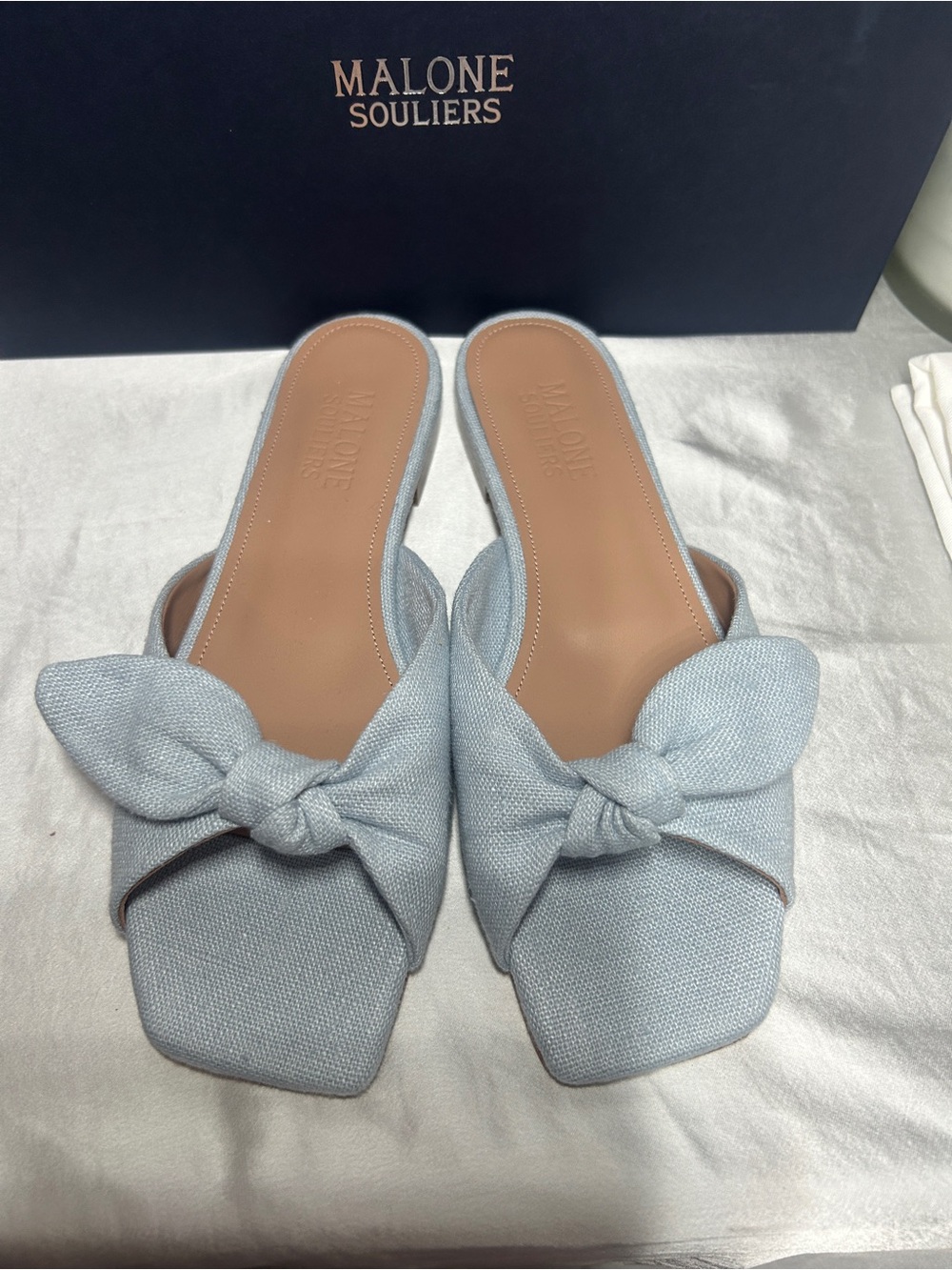 Malone Souliers Vargas Light Blue Linen Flats - Picture 4 of 7